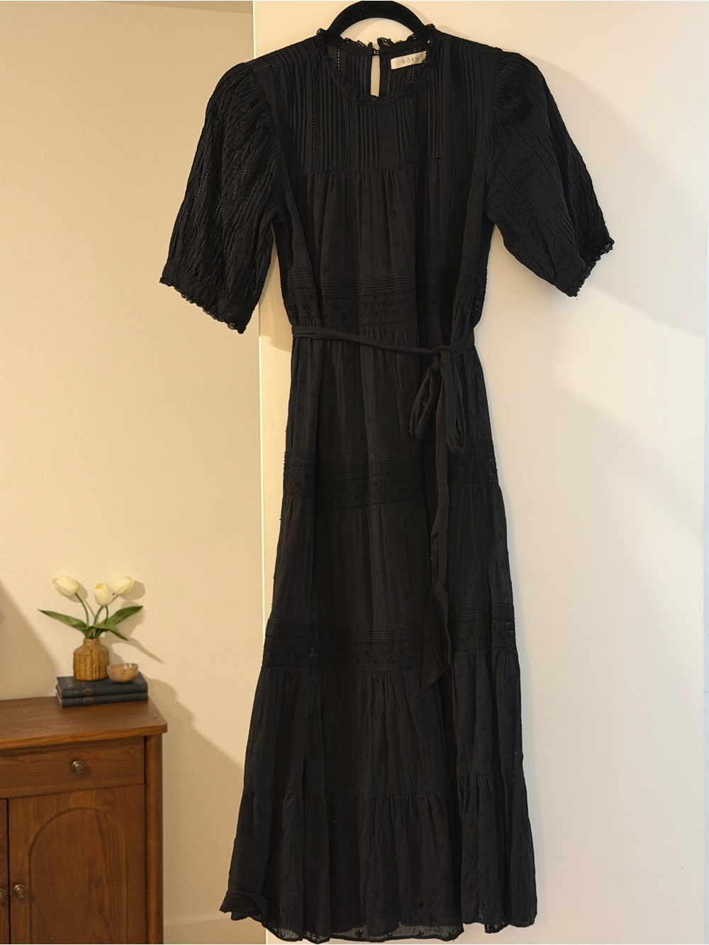 Doen Minetta Embroidered Black Tiered Midi Dress with Belt Size XS NWOT - Picture 2 of 7